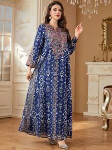 女士穆斯林长袍，伊斯兰迪拜端庄刺绣奢华时尚高贵长袍，阿巴雅长袍，开斋节阿拉伯长裙 - 藏蓝色 - 查看 3