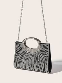 AIBBYDAR Women's Evening Bag, Black Fashion Ladies Handbag With Artificial Diamond Decor, Ring Handle, Suitable For Evening Dress, Portable Cosmetic Bag & Wallet, Detachable Metal Shoulder Strap, For Party, Wedding, Lightweight Polyester, Magnetic Closure - Black - View 7