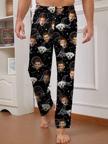 [Customizable Pajama Pants] Customizable Christmas Men's Pajama Pants - Comfortable Polyester And Spandex Loungewear Pants With Face Photo Print, Casual Knit Fabric, Regular Fit, Winter - Black - View 6