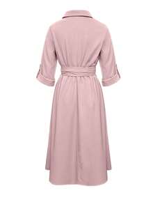 女士纯色长袖翻领腰带口袋优雅连衣裙，适合通勤、办公、度假——优雅派对礼服，女士情人节服装 - 粉色 - 查看 2