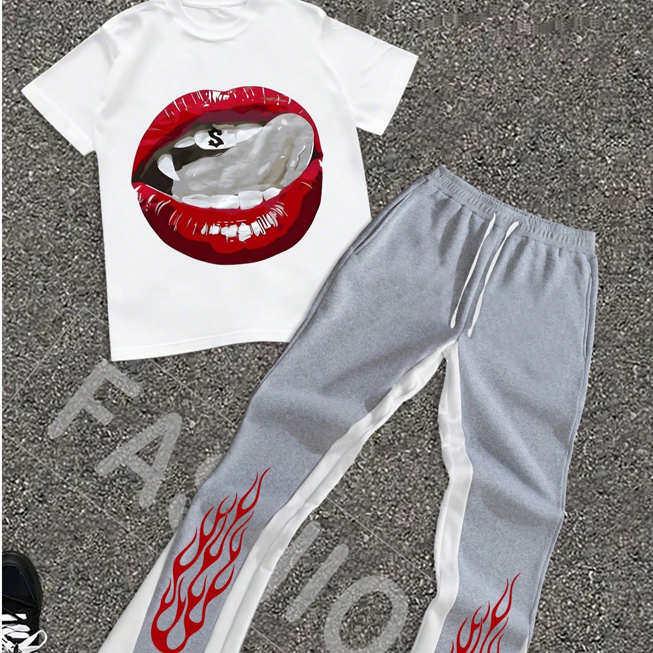 “Sexy Flaming Lips” Printed Men’s Fashion Casual Suit, Pure Cotton Round Neck T-Shirt With Drawstring Sweatpants, The Overall Style Is Personalized And Fashionable, Suitable For Daily Fashion Wear, Super Eye-Catching “Sexy Flaming Lips” Printed Men’s Fashion Casual Suit, Pure Cotton Round Neck T-Shirt With Drawstring Sweatpants, The Overall Style Is Personalized And Fashionable, Suitable For Daily Fashion Wear, Super Eye-Catching
