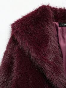 女士纯色仿毛皮外套，长袖保暖冬装外套，时尚翻领宽松休闲外套 - 酒紅色 - 查看 3