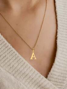 1pc Exquisite Fashion Jewelry Necklace, Stainless Steel A-Z,26 English Initials Pendant, Holiday, Suitable Women To Wear Daily Stainless Steel Letter Pendant Necklace - 銀色 - 查看 12
