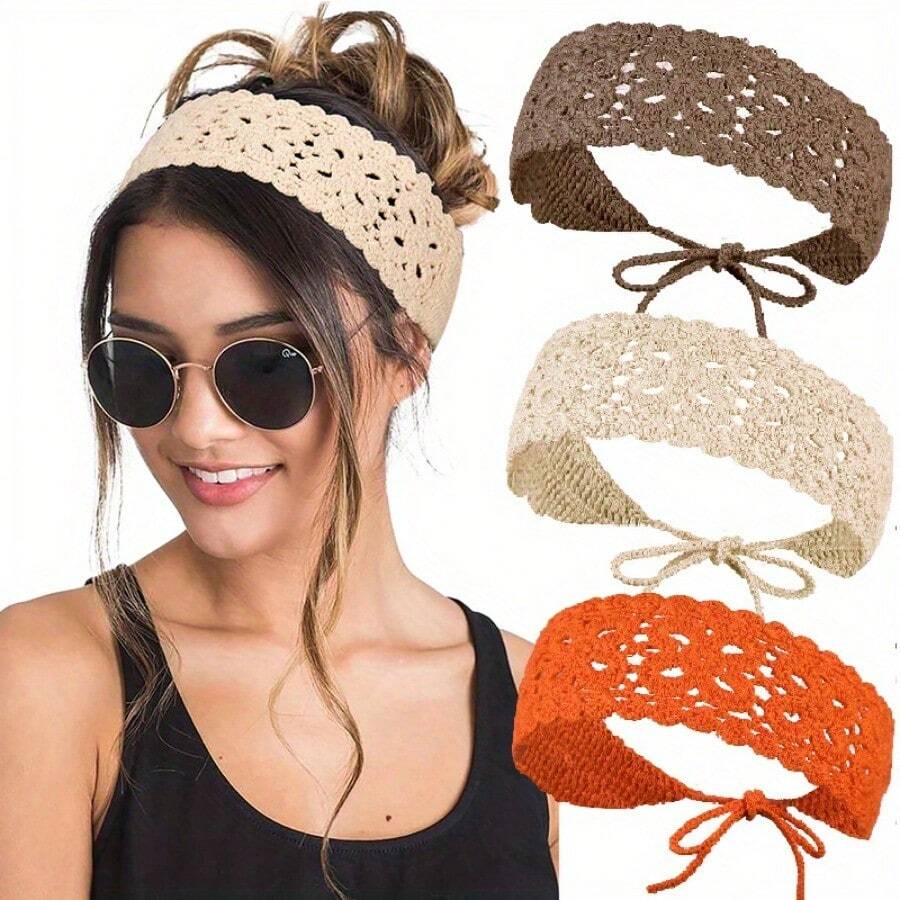 Bohemian Crochet Flower Headband With Women's Braided Headband, Headscarf Headwear, Fashionable Girl Headband Headwear - A - 查看 1