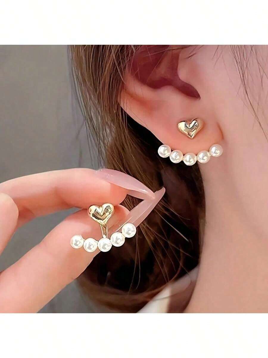 1 Pair Of Vintage-Style Pearl And Four-Leaf Clover Earrings For Women - Stainless Steel Earrings With Imitation Pearl Decoration, Simple And Elegant Design, Suitable For Daily Wear, Party Occasions And Valentine's Day Gifts - Alloy Material, No Electroplating - 白色 - 查看 1