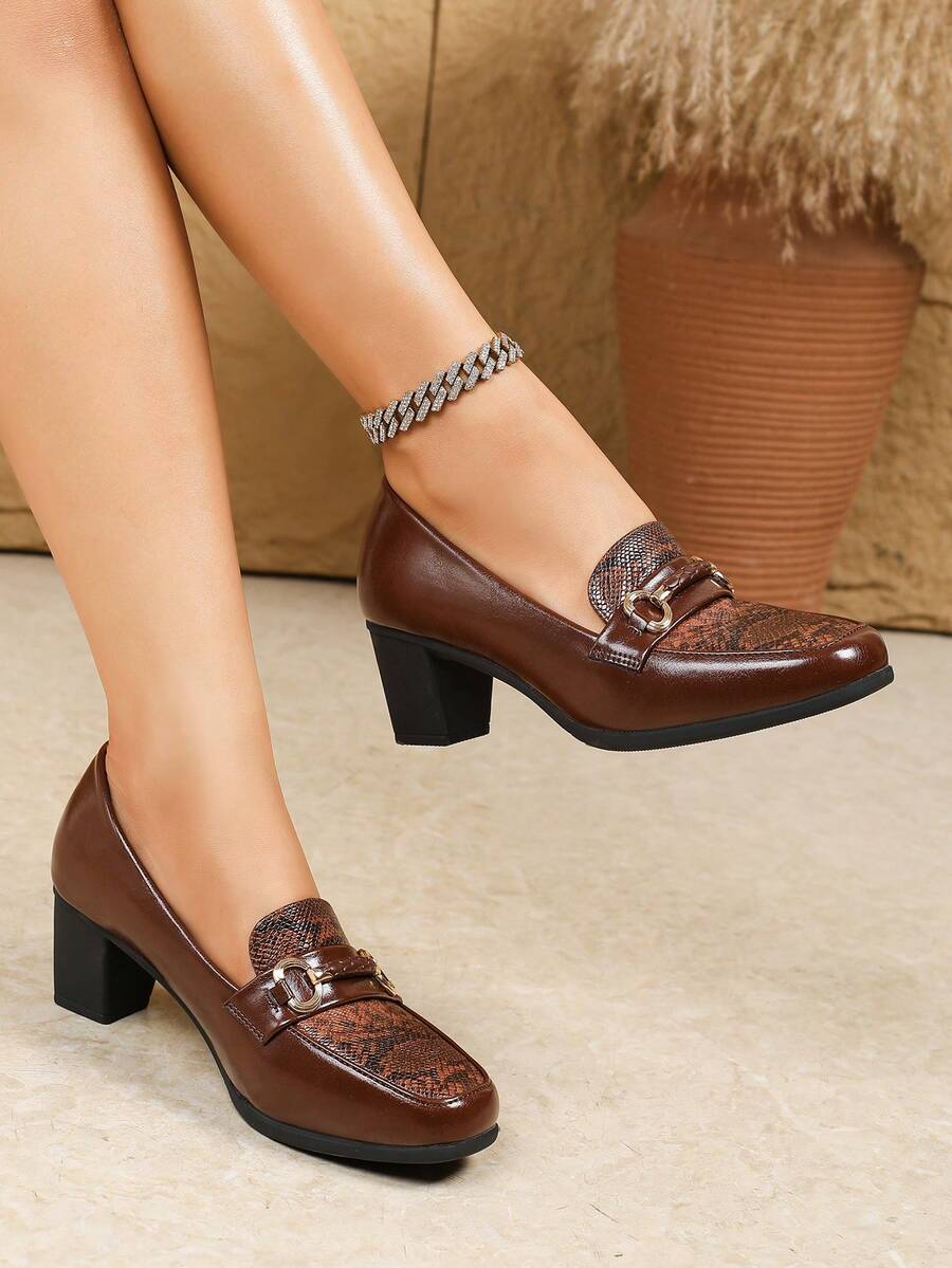 女士黑色粗跟礼服鞋，时尚英伦风方头工作鞋，优雅乐福鞋