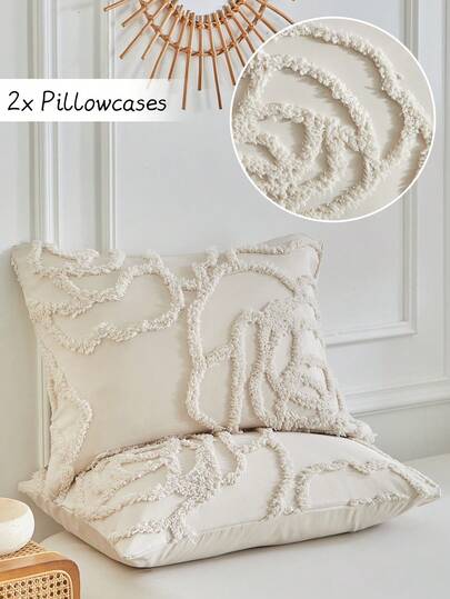 2件装卡其色玫瑰图案簇绒枕套，现代波西米亚风格装饰枕套，四季皆宜，柔软舒适，可机洗