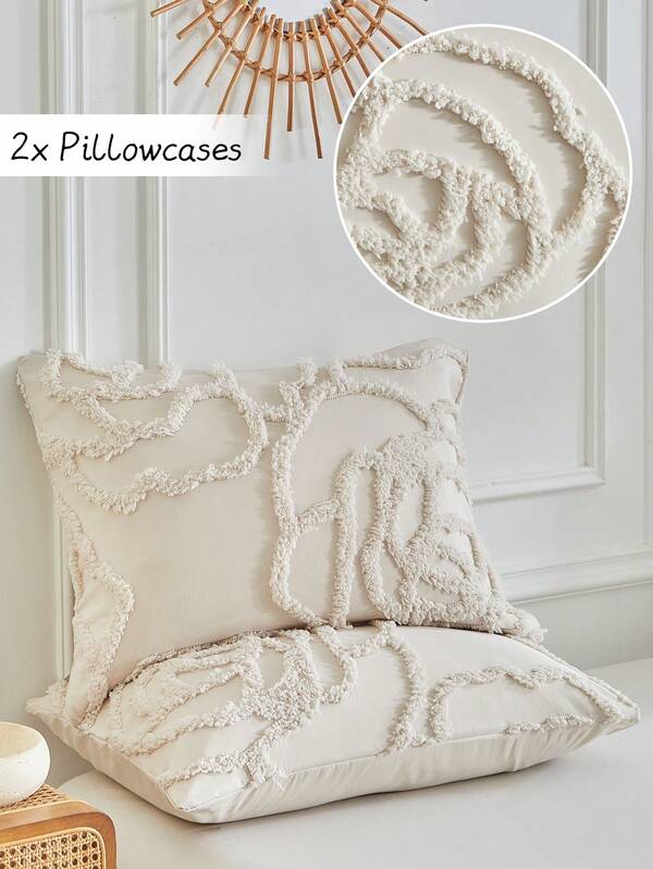 2件装卡其色玫瑰图案簇绒枕套，现代波西米亚风格装饰枕套，四季皆宜，柔软舒适，可机洗