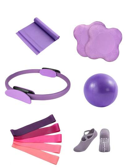 Yoga And Pilates Workout Set - Home Fitness Equipment For Women - Includes Hip Resistance Bands, Mini Pilates Yoga Ball, Yoga Socks, Stretching Bands, Strength Training Pads, Yoga Knee Pads. Suitable For Home Workouts Of Legs, Arms And Thighs.