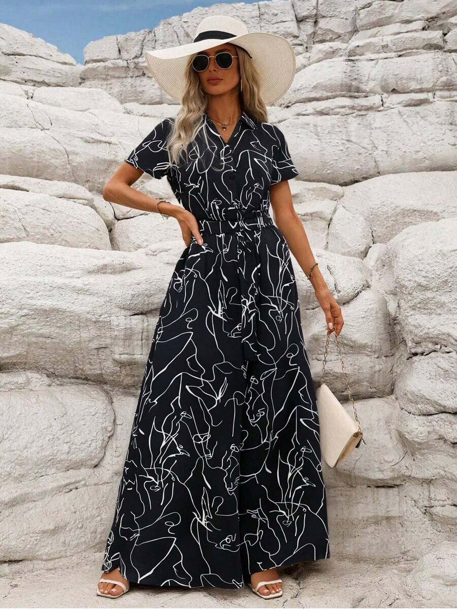 Elegante Monos y Palazzos De Mujer Con Estampado De Grafiti,Mono De Manga Corta Con Botones y Cinturón - Negro - Ver 1