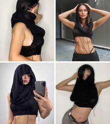 Women Knitted Hoodie Sweater Vest Sleeveless Hollow Out Hooded Crop Top Streetwear Rave Oufit - 黑色 - 查看 2