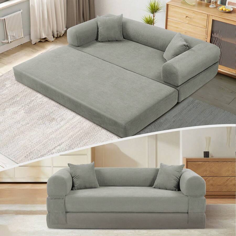 Convertible Sofa Bed, 80'' Foldable Sleeper Lounge Modular Couch Comfort Compression Sofa Loveseat For Small Spaces Comfort For Apartment Bedroom, Corduroy Fabric - 淺灰色 - 查看 1