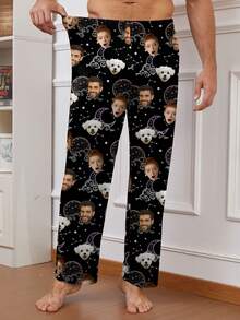 [Customizable Pajama Pants] Customizable Christmas Men's Pajama Pants - Comfortable Polyester And Spandex Loungewear Pants With Face Photo Print, Casual Knit Fabric, Regular Fit, Winter - Black - View 5