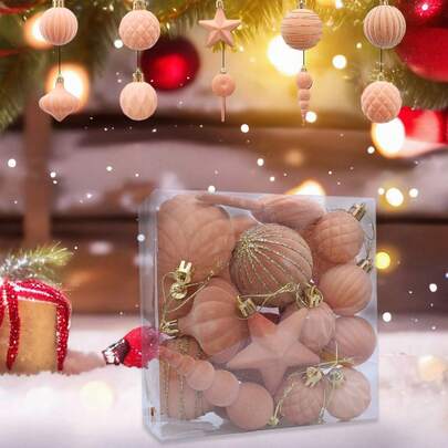 24pcs Retro Flocking Christmas Ball Hanging Ornaments Set Glitter Christmas Tree Ball Pendants Decorations For Home Holiday Party