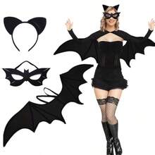 2 件黑色蝙蝠服装，包括蝙蝠面具、蝙蝠翅膀，适合男女，吸血鬼服装，蝙蝠服装配饰和眼罩，吸血鬼主题，魔鬼风格，展示节日服装翅膀，黑色万圣节演员剧院服装配饰，派对狂欢节，适合万圣节和派对装饰，万圣节服装配饰 - 彩色 - 查看 10