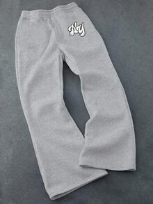 1pc Girl's Minimalist Outdoor Sports Solid Color Fleece Letter Print Flared Straight Leg Pants, Thick & Warm For Spring/Autumn/Winter - Light Grey - View 4