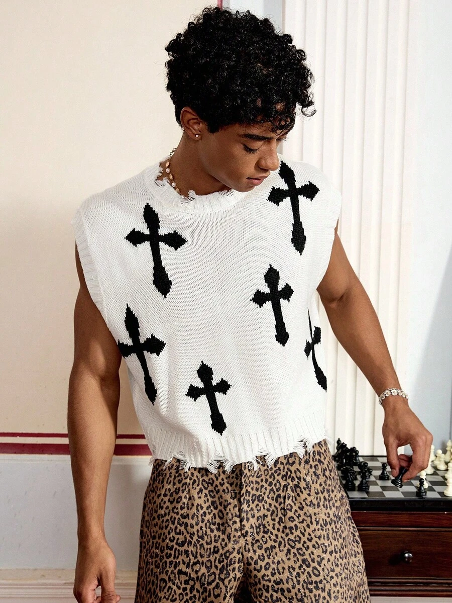 十字印花圆领磨边男士针织背心，街头风格 - 黑與白 - 查看 1