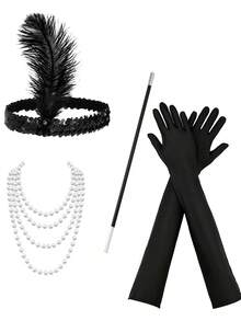 1920er Jahre Damen Party Makeup Ball Kopfschmuck, Ohrringe, Feder eleganter glamouröser Haarschmuck 4er Set für Halloween Party Abschlussball - Schwarz - Übersicht 2