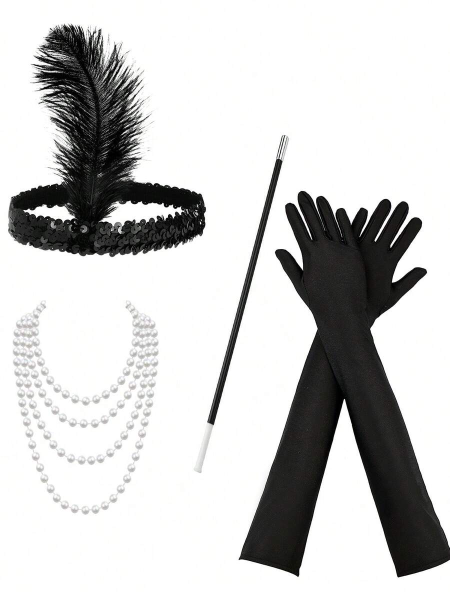 4pcs 1920s Women's Accessories Set, Includes 1 Feather Headpiece, 1 Necklace, 1 Cigarette Holder, And 1 Pair Of Gloves, Roaring 20s Flapper Costume Accessories, Feather Headpiece, Suitable For Theme Parties, Masquerade Balls, Festivals, And Vintage-Style Weddings (Black), Retro Elegant Sexy High-End Headpiece 4-Piece Halloween Party Set - Black - View 1
