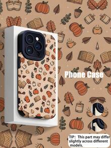 1pc Fashionable Retro Autumn Brown Pumpkin & Leaf Coffee Print Vertical Striped High-End Faux Leather Anti-Fall Anti-Fingerprint Shock-Proof Phone Case Compatible With Apple And Models - Multicolor - View 2