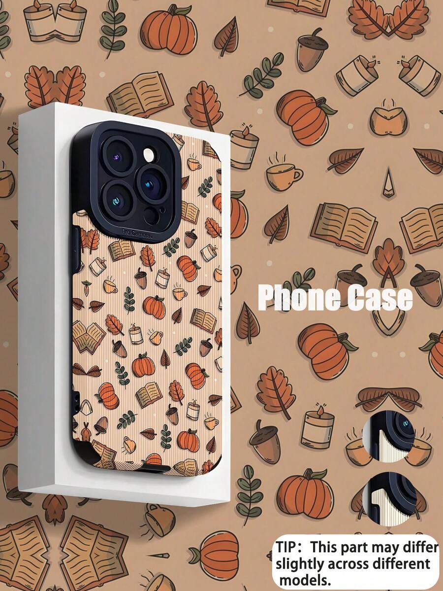 1pc Fashionable Retro Autumn Brown Pumpkin & Leaf Coffee Print Vertical Striped High-End Faux Leather Anti-Fall Anti-Fingerprint Shock-Proof Phone Case Compatible With Apple And Models