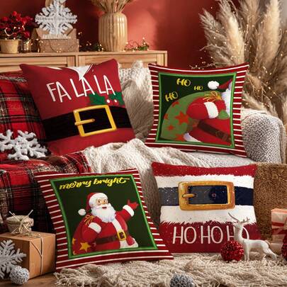MEMNUN 4 件圣诞快乐圣诞老人印花靠垫套 [无枕芯]，17.7*17.7 英寸 (45*45 厘米)/19.69*19.69 英寸 (50*50 厘米)/15.75*15.75 英寸 (40*40 厘米)，[单面印刷] 圣诞装饰涤纶枕套适用于沙发、床、客厅、卧室、汽车、办公室、酒店，四季皆宜，是送给家人和朋友的完美礼物