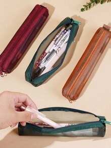 1pc/Mini Mesh Pencil Case Storage Bag For Exams, Portable Pencil Case, Multi-Functional Square Stationery Bag - Multicolor - View 2