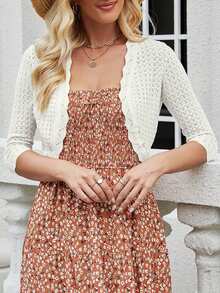 Women's Bolero Shrug 3/4 Sleeve Cropped Cardigan Knit Sweaters Open Front Spring And Summer Casual Elegant Jacket For Dresses - White - View 3