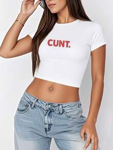 1pc Word Bold Pinkish Red  Typography Women's Fashion Short Sleeve T-Shirt, Y2K Clothes, Back To School Clothes, Vintage Clothes, Street Wear, Rock, Holiday, Vacation, Festival, Summer Tops - 白色 - 查看 4