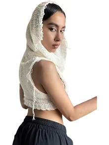 Women Knitted Hoodie Sweater Vest Sleeveless Hollow Out Hooded Crop Top Streetwear Rave Oufit - 白色 - 查看 3