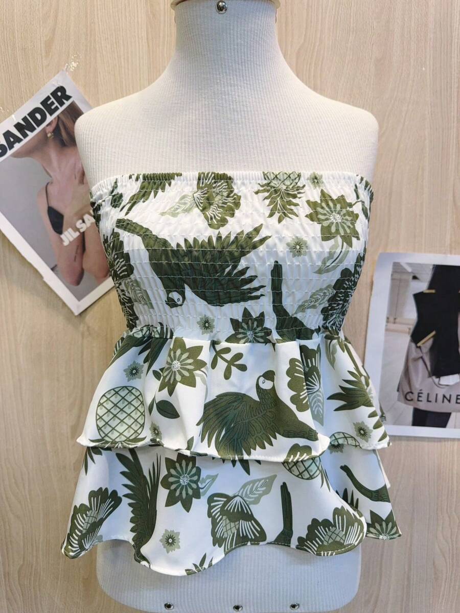 Printed Cropped Blouse With Elastic Ruffle - Dark Green - View 1