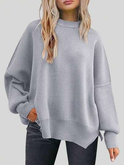 Women's Plus Size Crew Neck Dropped Shoulder Long Sleeve Loose Knit Sweater, Autumn/Winter