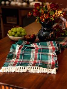 1pc Red & Green Plaid Tassel Trim Christmas Table Runner, Christmas Party Decor Table Runner, Suitable For Winter Christmas Party Home Table Decoration