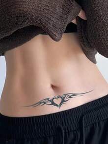 1pc Realistic Temporary Tattoo Sticker, Semi-Permanent Tattoo, Wing, Succubus, Heart Designs, Y2K Style, Waterproof Sweatproof, Lasts 1-2 Weeks, Realistic Herbal Juice Effect, Non-Reflective, Black, Unisex, Applicable To Arms, Chest, Legs, Abdomen, Waist, Fingers, Neck, Spine, Modern Body Art - Black - View 3