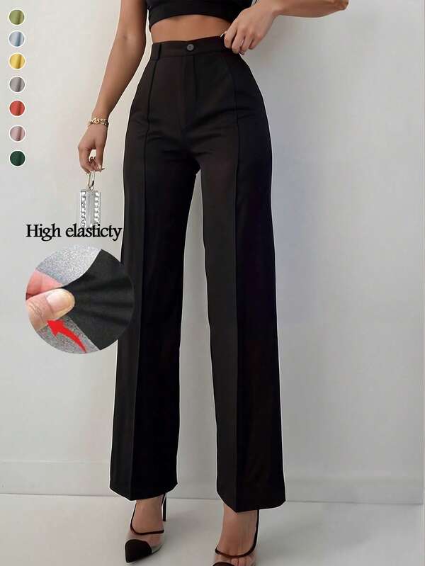 Damskie spodnie na jesień/zimę, cienka, elastyczna dzianina, jednokolorowe, z wysokim stanem i guzikami z przodu, proste i uniwersalne, wyszczuplające, proste nogawki, odpowiednie na co dzień i do pracy