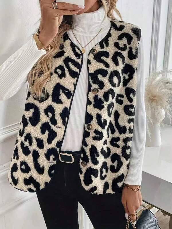 Leopard Print Contrast Color All-Over Print Button Decor Contrast Trim Sleeveless Women Coats