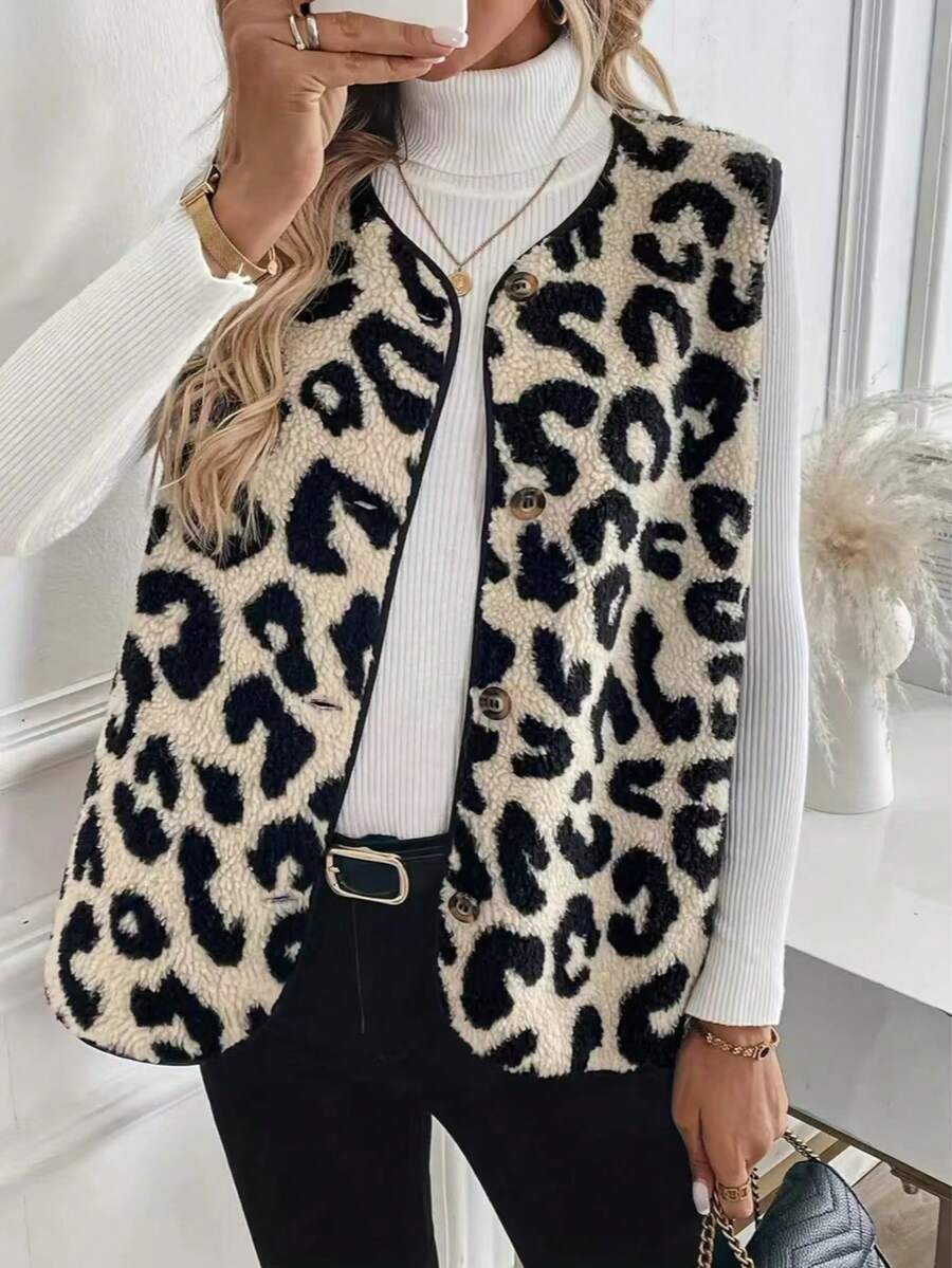 Leopard Print Contrast Color All-Over Print Button Decor Contrast Trim Sleeveless Women Coats