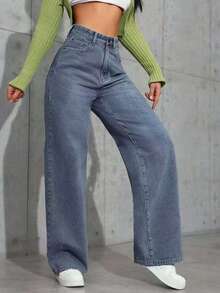 Pantalones Larga Duración y Suelta Mezclilla Anchas Jeans Piernas Anchas Talla Grande para Mujer Azul Claro Cintura Alta Elásticos - Gris - Ver 2