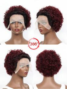 13x1 Lace Front Short Curly Wavy Human Hair Wig, 6 Inch, 1B/99J Color, Fluffy Bob Style Lace Front Wig For Women - SNATURAL/99J - View 4