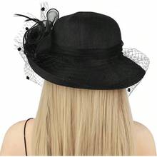 Elegant Church Fedora Hat Women Flower Fascinator Mesh Bucket Cap Party Wedding Bridal Derby Bowler Hat - màu đen - Xem 5