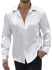 Mens Silk Satin Shirts Long Sleeve Button Down Loose Fit Dress Shirt Luxury Party Prom Wedding Shirtshalloween - 白色 - 查看 1