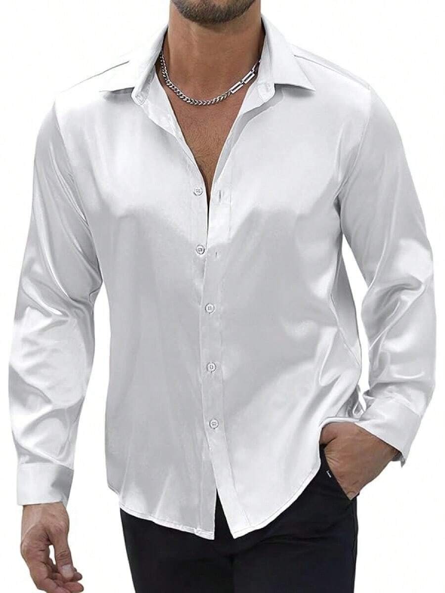 Mens Silk Satin Shirts Long Sleeve Button Down Loose Fit Dress Shirt Luxury Party Prom Wedding Shirtshalloween - 白色 - 查看 1