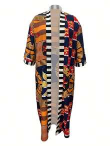 Plus Size Casual Retro Print Long Cardigan