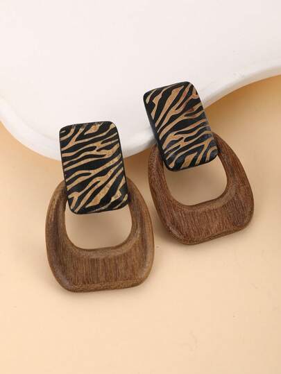 1 Pair Minimalist Hollow Square Precious Wooden Pendant & 3D Wave Textured Wooden Vintage Stud Earrings, Suitable For Vacation, Party And Daily Wear