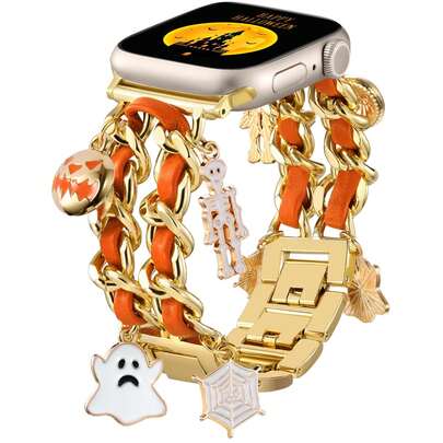 1 Stück Halloween Design Orange Leder mit Goldkette Zinklegierung Goldarmband kompatibel mit Apple Watch 38mm 40mm 41mm 42mm 44mm 45mm 49mm (S10 42)mm(S10 46)mm, modischer einfacher Damen Metallarmband kompatibel mit Series Ultra 2 S10 SE 9 8 7 SE 6 5 4 3 2 1, modischer Damen Uhrenarmband, Smartwatch Armband/Band, Smartwatch Zubehör