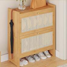 Shoe Cabinet With 2 Handmade Natural Rattan Flip Drawers, Entryway Shoe Rack Storage Organizer For Sneakers, Leather Shoes, Slippers, Free Standing Shoe Racks, 70*24*87cm/27.5*9.4*34.2in - Màu gỗ - Xem 1
