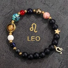 Cosmic Charm Bracelet - 12 Zodiac Signs & Solar System Planets With Natural Stone Beads, Alloy Astrology Pendant Jewelry For Women/Men - Sư Tử - Xem 1