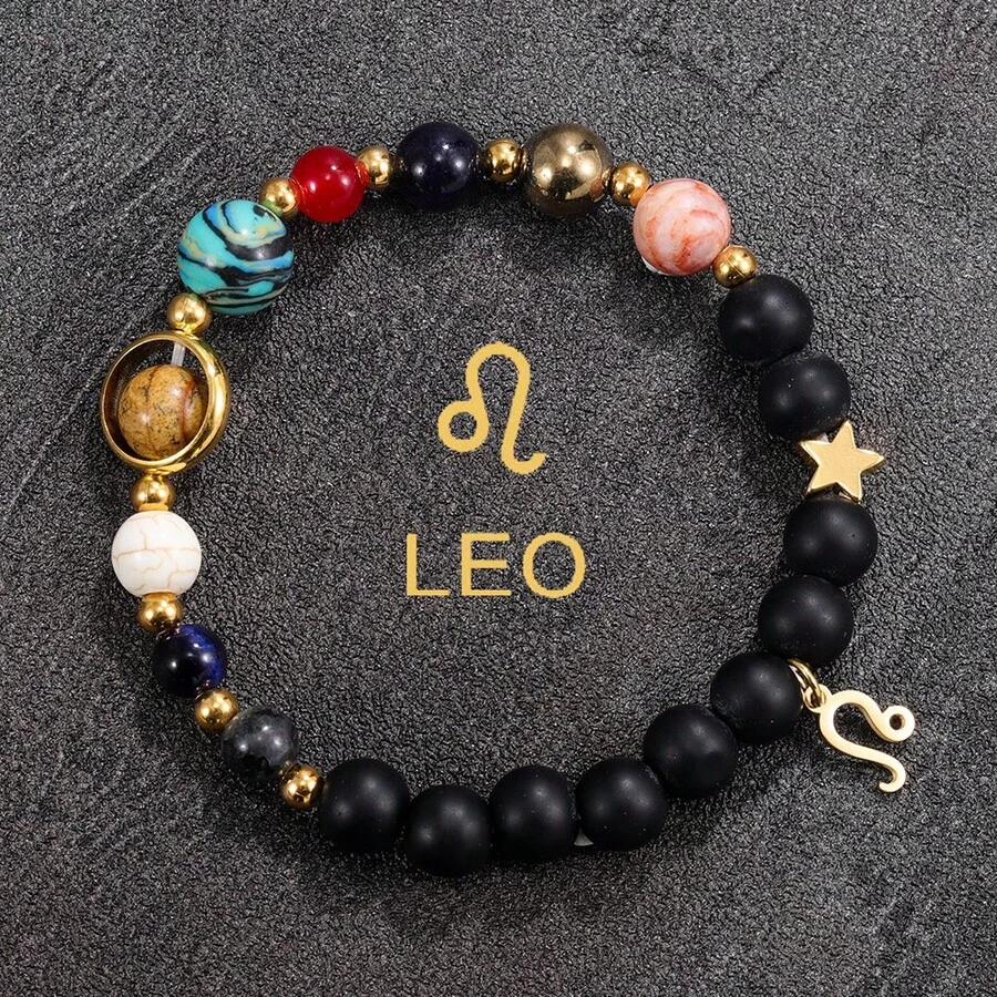 Cosmic Charm Bracelet - 12 Zodiac Signs & Solar System Planets With Natural Stone Beads, Alloy Astrology Pendant Jewelry For Women/Men - Sư Tử - Xem 1