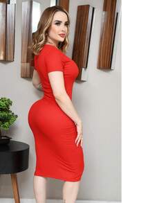 vestido largo mujer manga corta largo pegado al cuerpo para toda la ocasion tipo lapiz - Rojo - Ver 2