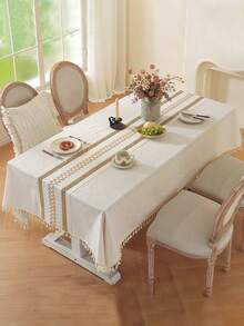 1 pieza Mantel de lino de unicolor simple de estilo vintage americano con flecos, mantel de decoración de cocina, camino de mesa a rayas, rectangular para gabinete de TV, boda al aire libre, telón de fondo de fotografía, diario, festival, fiesta de cumpleaños, decoración de mesa de comedor, para todas las estaciones